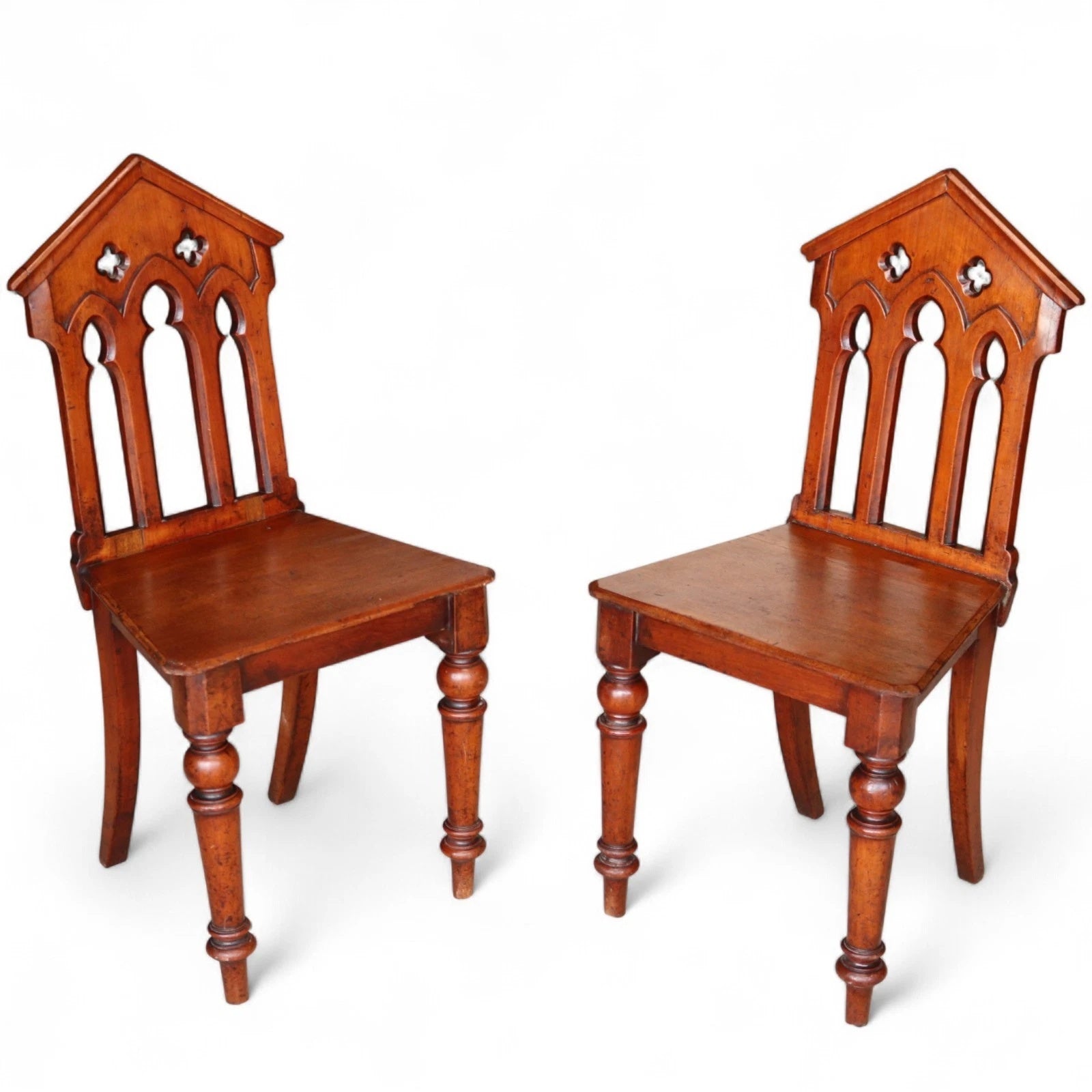 Pair Of Antique Mahogany Pugin Style Carved Gothic Steeple Back Hall Chairs