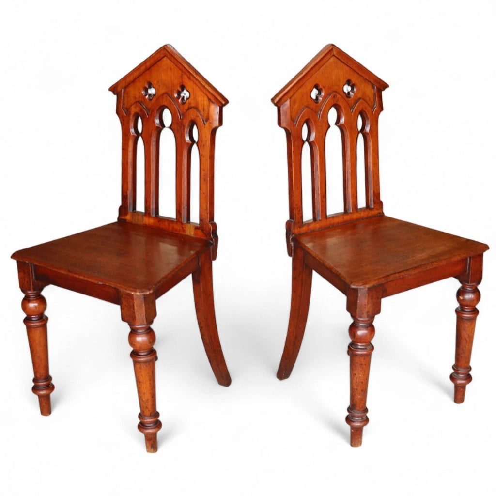 Pair Of Antique Mahogany Pugin Style Carved Gothic Steeple Back Hall Chairs