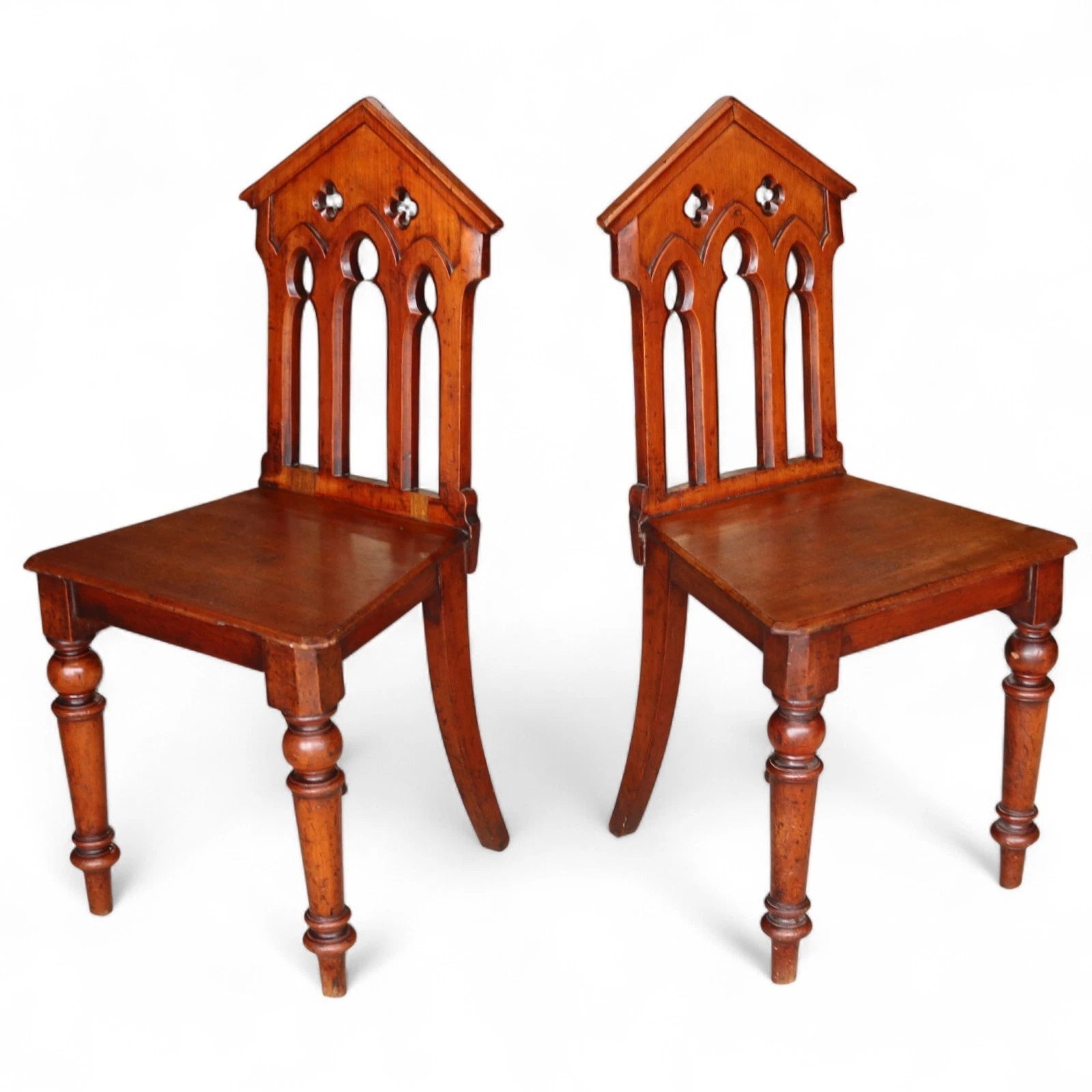Pair Of Antique Mahogany Pugin Style Carved Gothic Steeple Back Hall Chairs