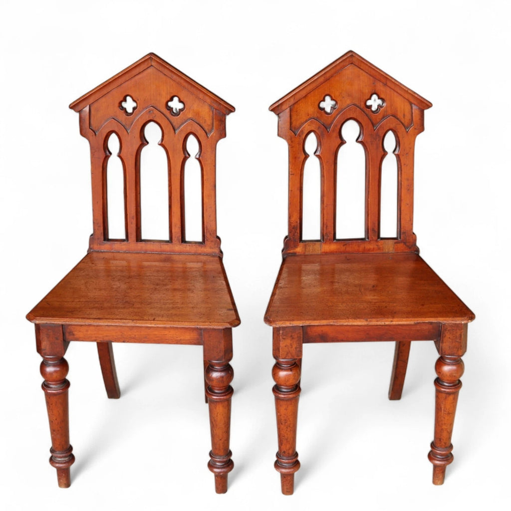 Pair Of Antique Mahogany Pugin Style Carved Gothic Steeple Back Hall Chairs