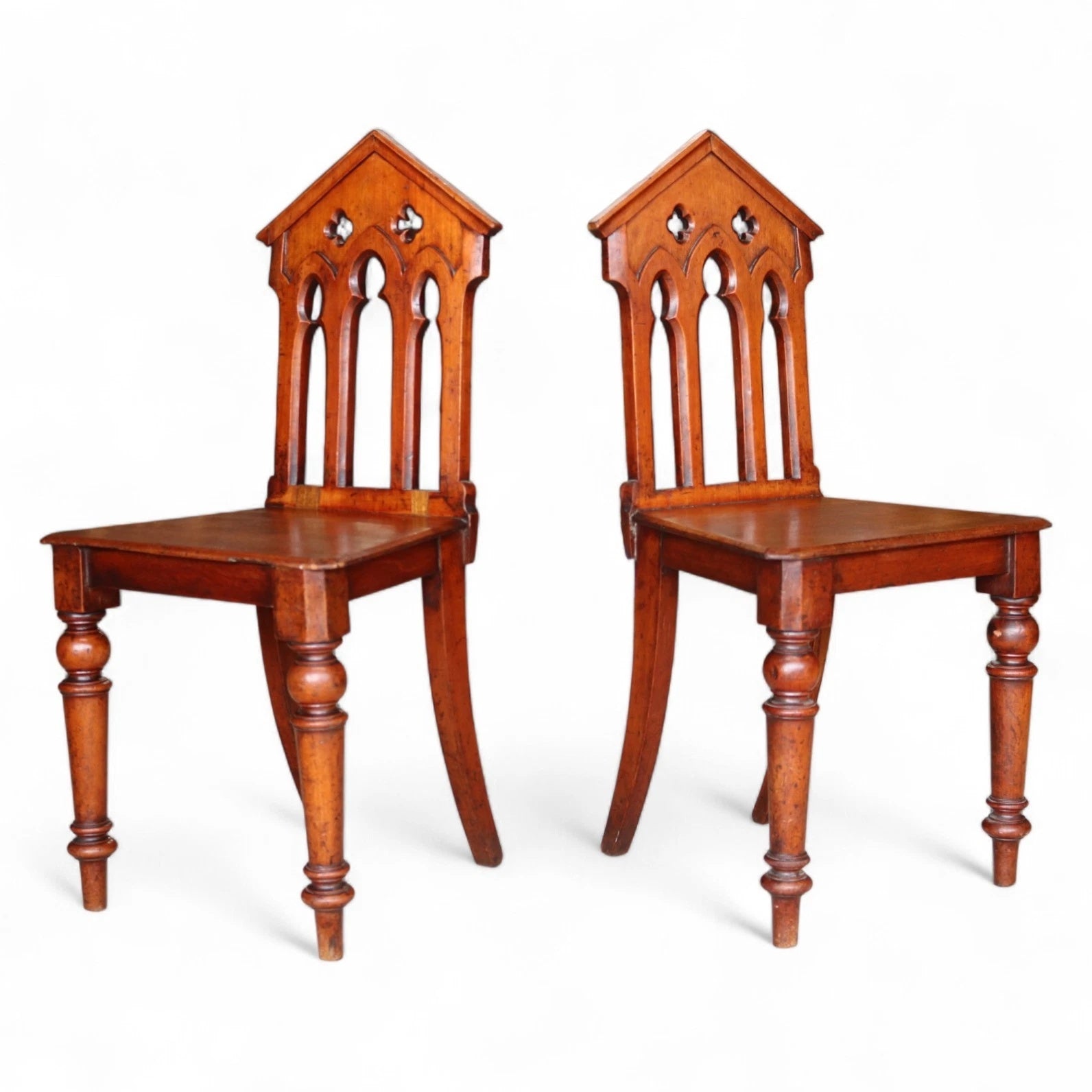 Pair Of Antique Mahogany Pugin Style Carved Gothic Steeple Back Hall Chairs