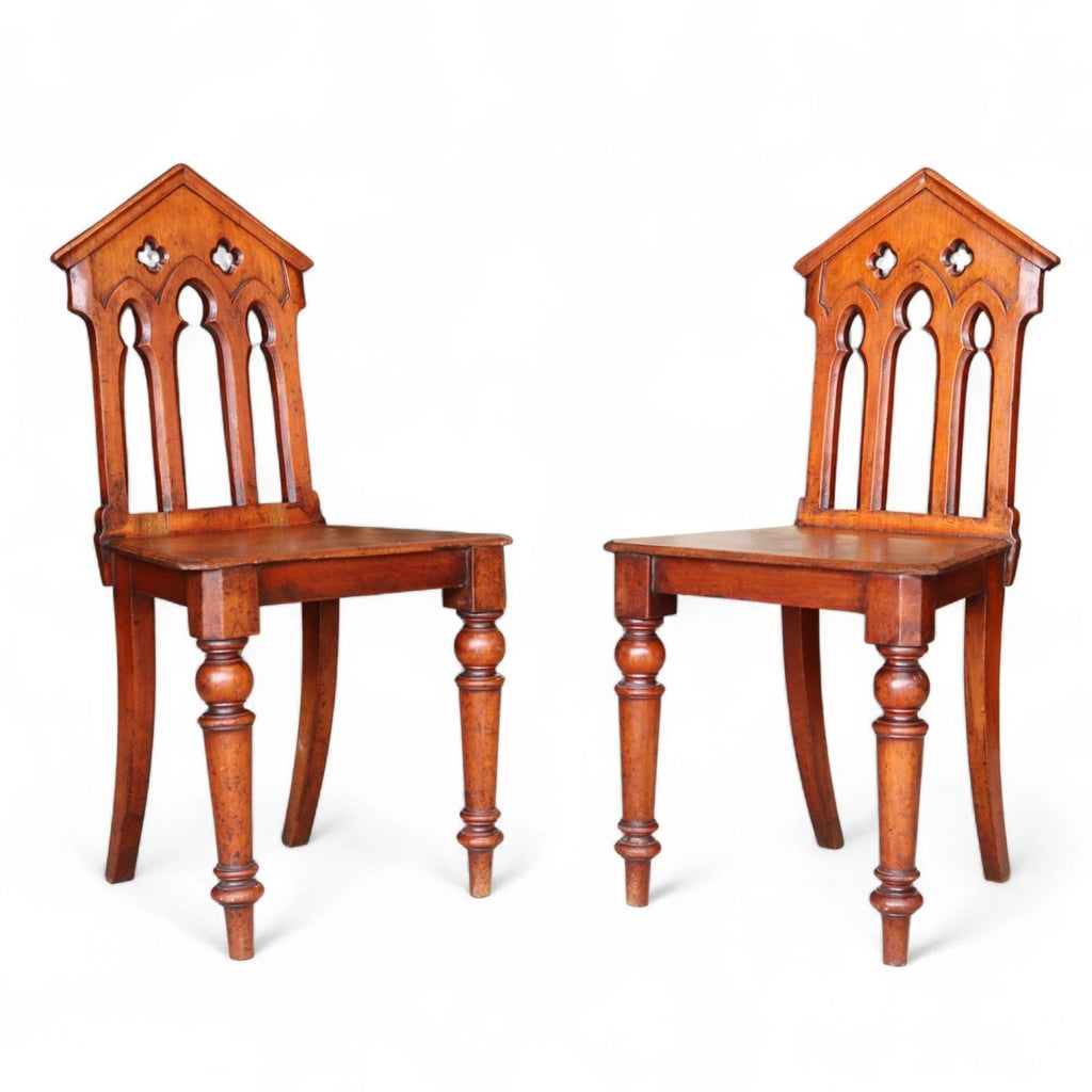 Pair Of Antique Mahogany Pugin Style Carved Gothic Steeple Back Hall Chairs
