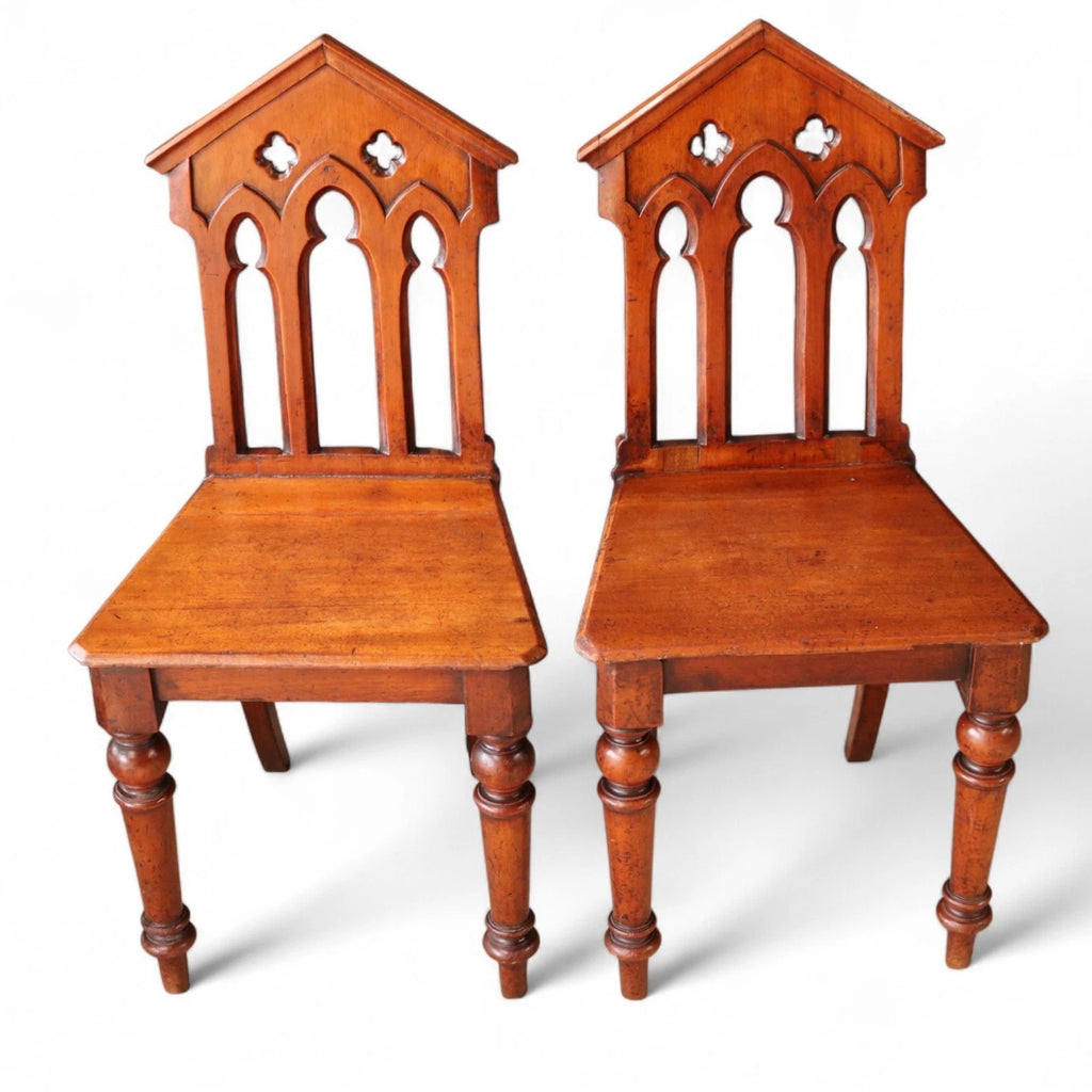 Pair Of Antique Mahogany Pugin Style Carved Gothic Steeple Back Hall Chairs