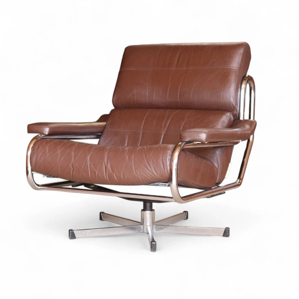 Mid Century Pieff Alpha Brown Leather & Chrome Swivel Armchair 70s