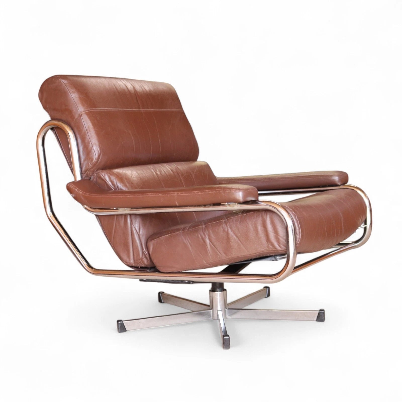 Mid Century Pieff Alpha Brown Leather & Chrome Swivel Armchair 70s