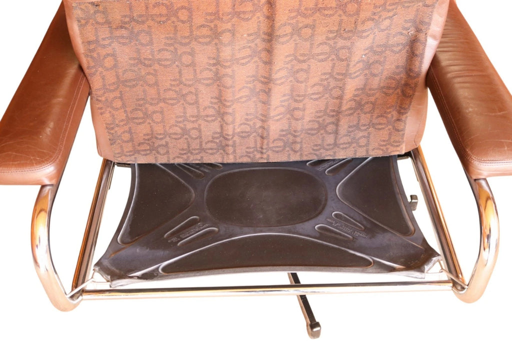Mid Century Pieff Alpha Brown Leather & Chrome Swivel Armchair 70s