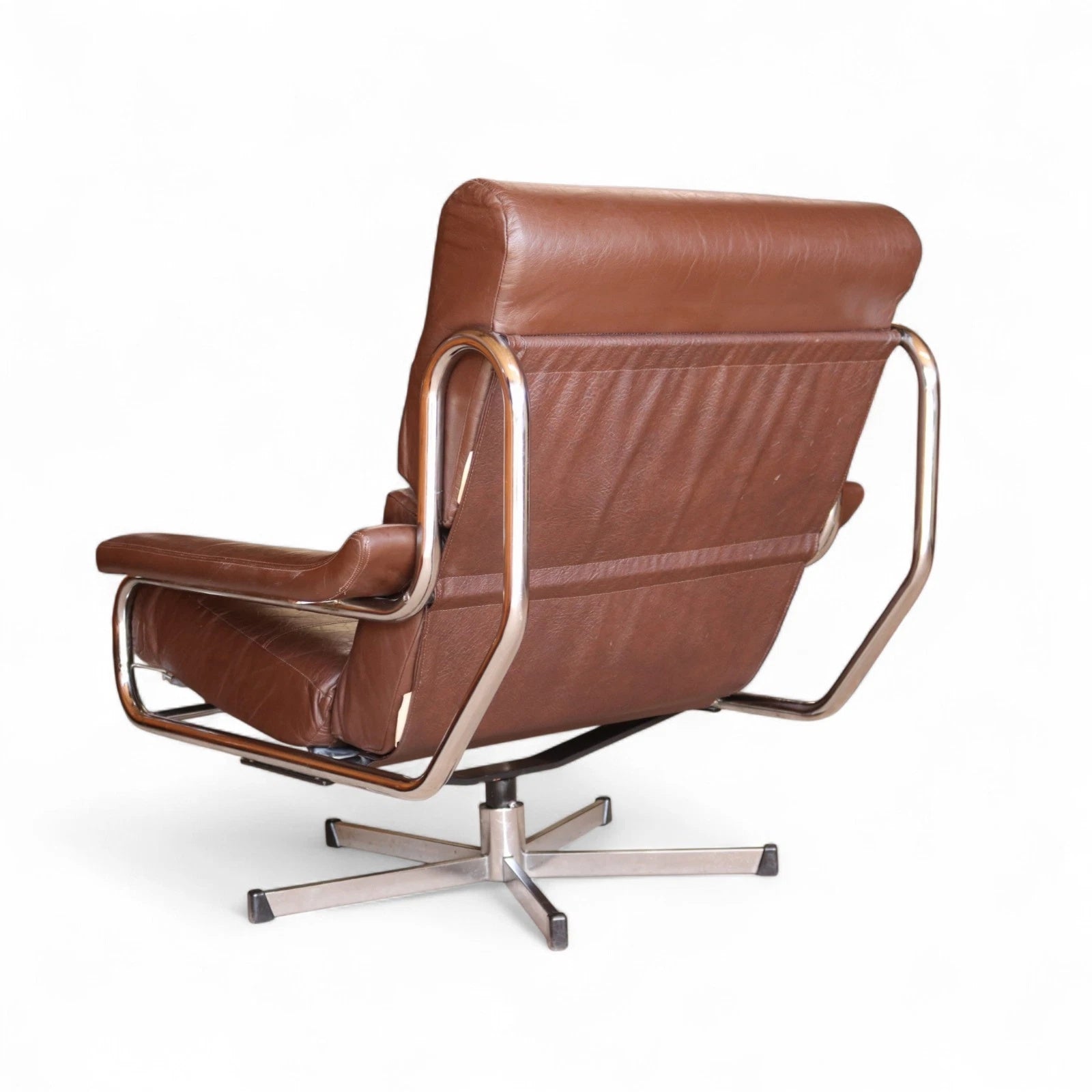 Mid Century Pieff Alpha Brown Leather & Chrome Swivel Armchair 70s