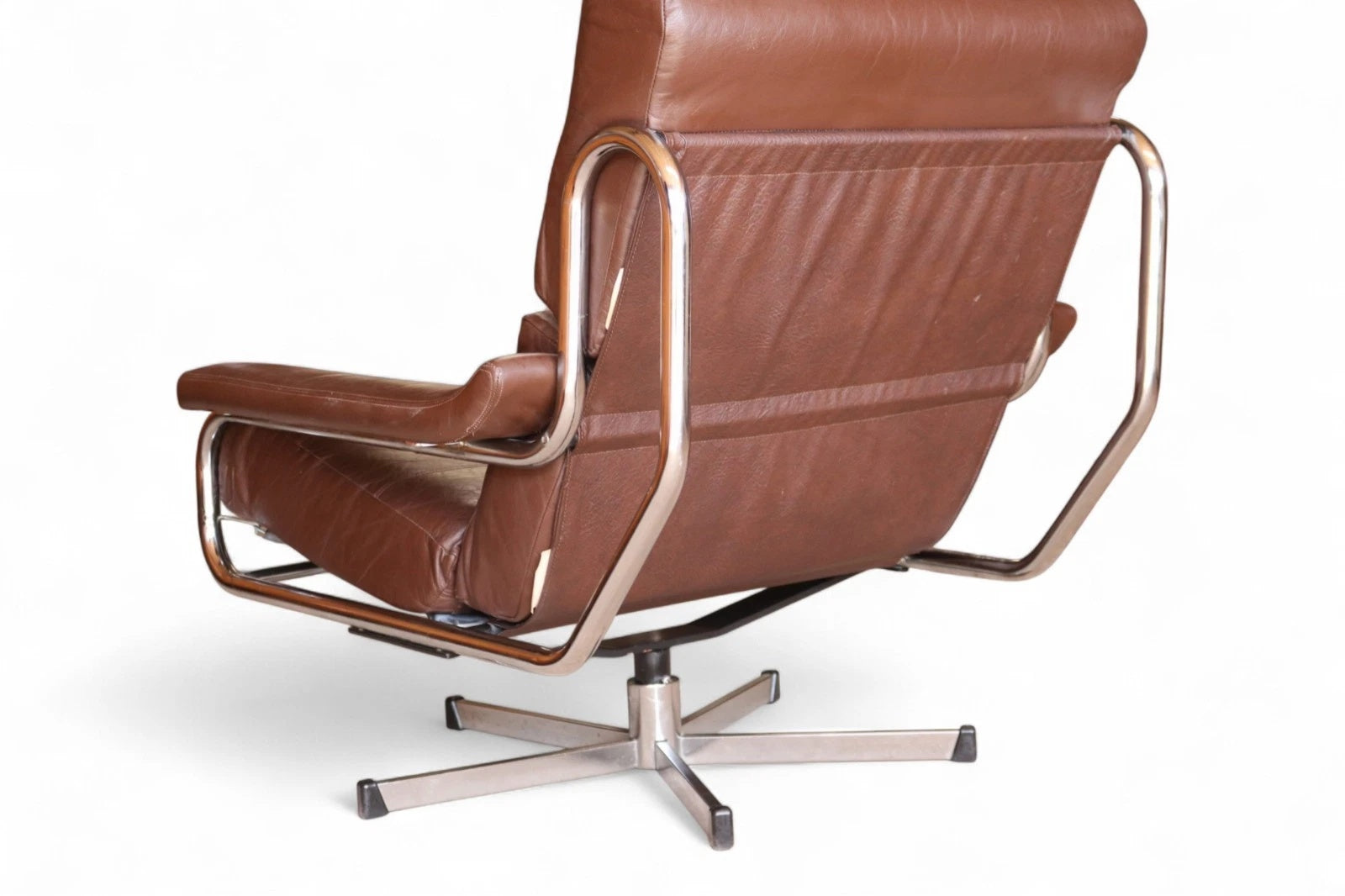Mid Century Pieff Alpha Brown Leather & Chrome Swivel Armchair 70s