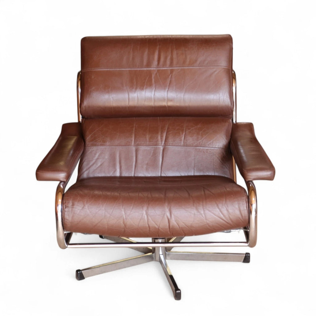 Mid Century Pieff Alpha Brown Leather & Chrome Swivel Armchair 70s