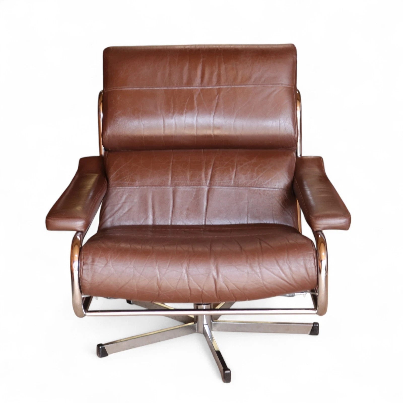 Mid Century Pieff Alpha Brown Leather & Chrome Swivel Armchair 70s