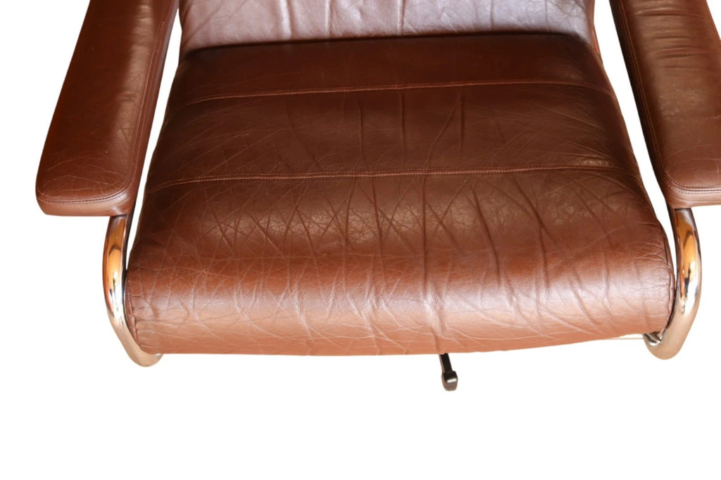 Mid Century Pieff Alpha Brown Leather & Chrome Swivel Armchair 70s