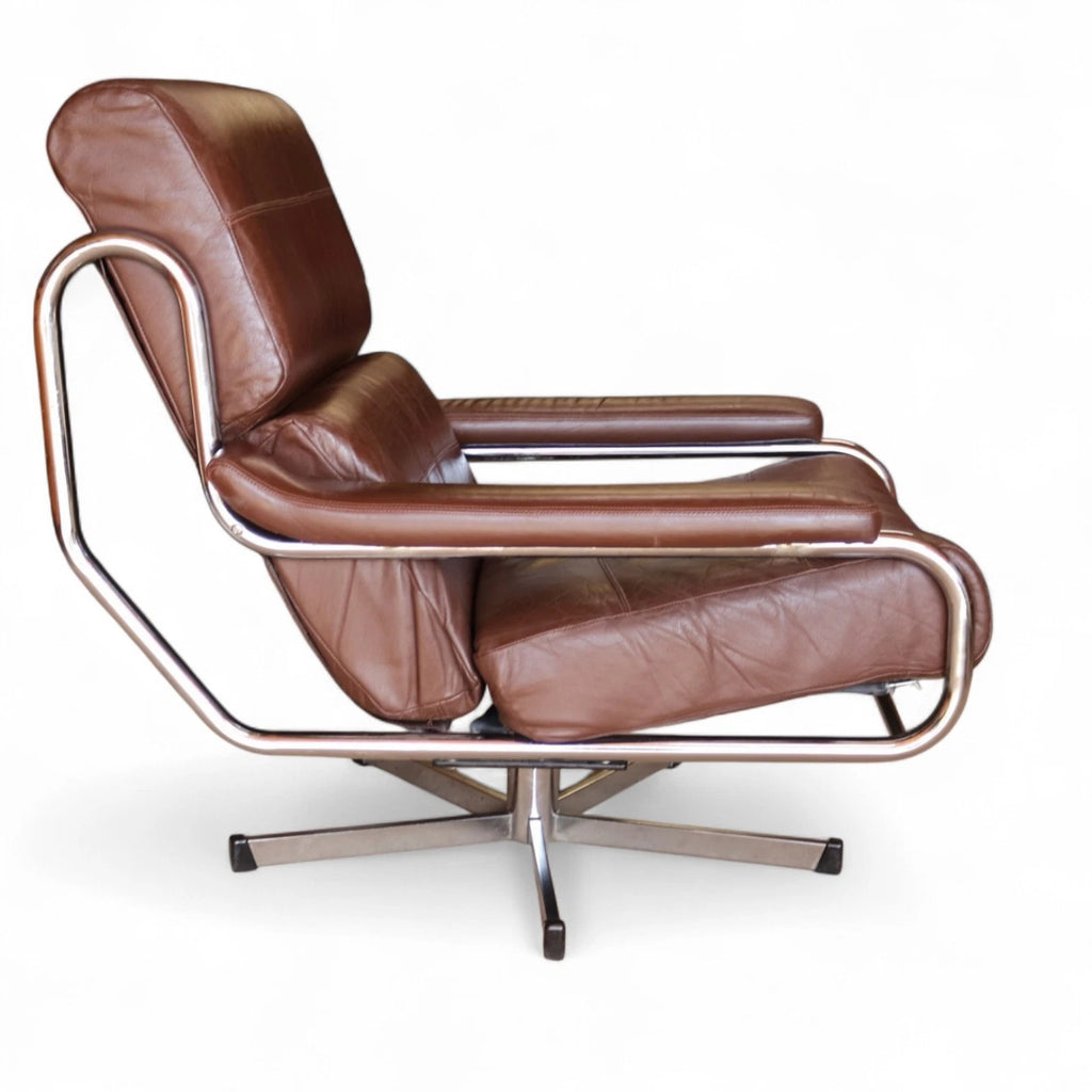 Mid Century Pieff Alpha Brown Leather & Chrome Swivel Armchair 70s