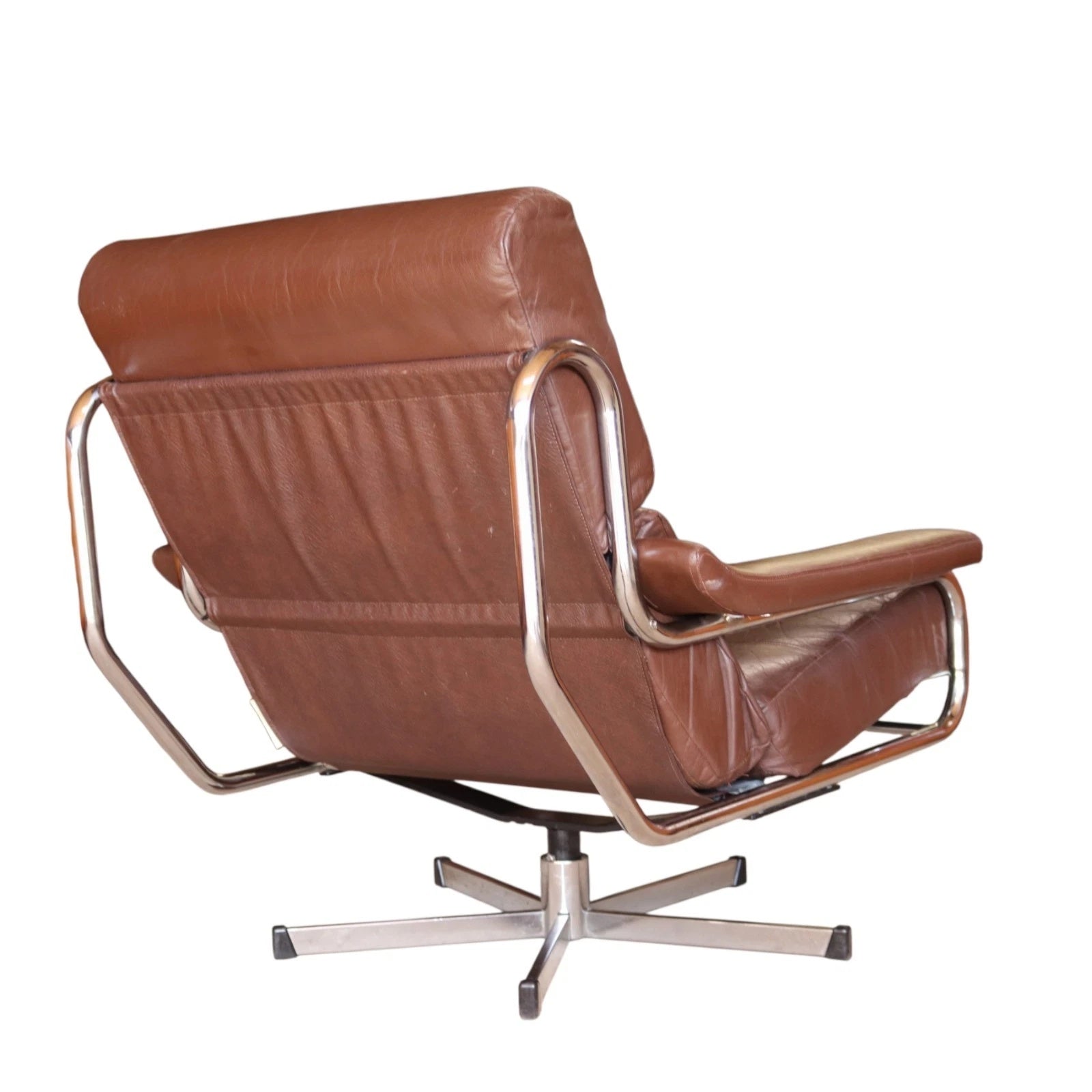 Mid Century Pieff Alpha Brown Leather & Chrome Swivel Armchair 70s