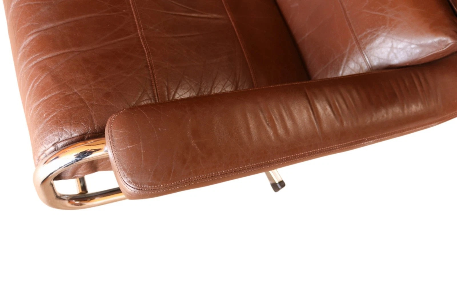 Mid Century Pieff Alpha Brown Leather & Chrome Swivel Armchair 70s
