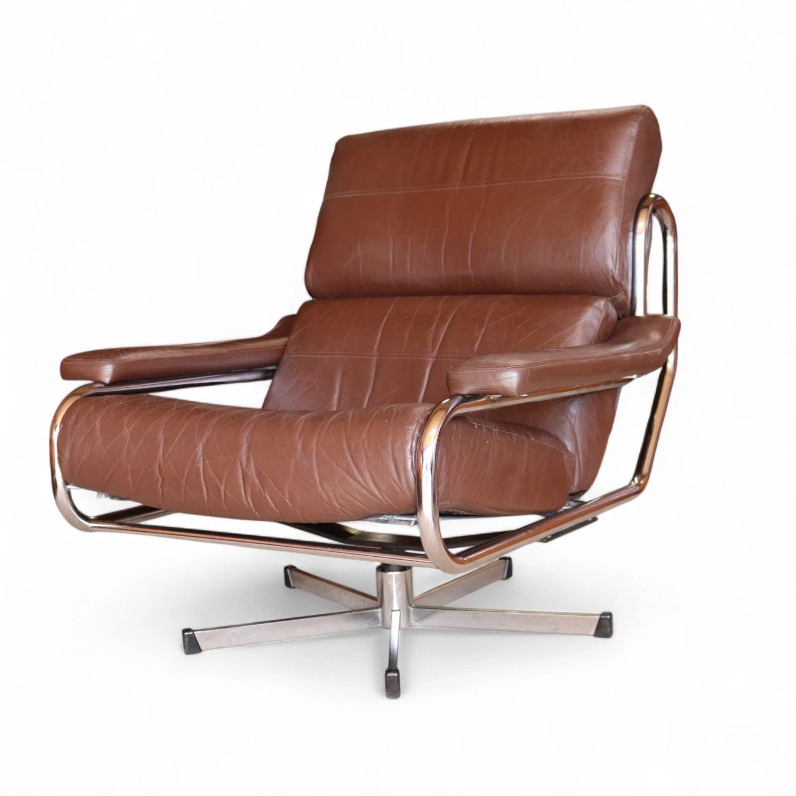 Mid Century Pieff Alpha Brown Leather & Chrome Swivel Armchair 70s