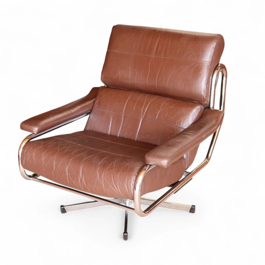 Mid Century Pieff Alpha Brown Leather & Chrome Swivel Armchair 70s