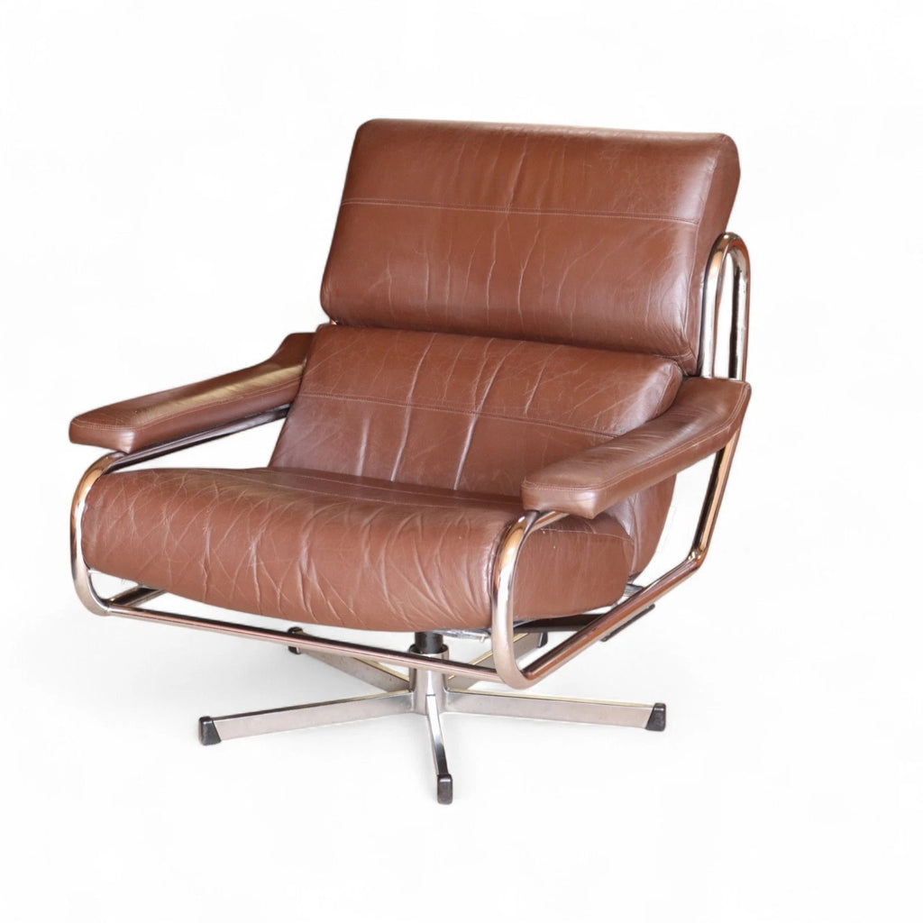 Mid Century Pieff Alpha Brown Leather & Chrome Swivel Armchair 70s