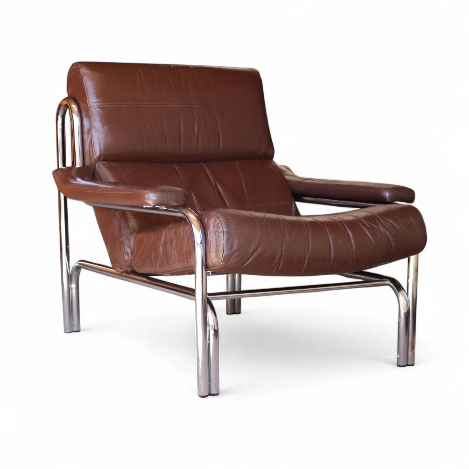 Vintage Pieff Alpha Chair | Mid Century Brown Leather & Chrome Armchair 1970s