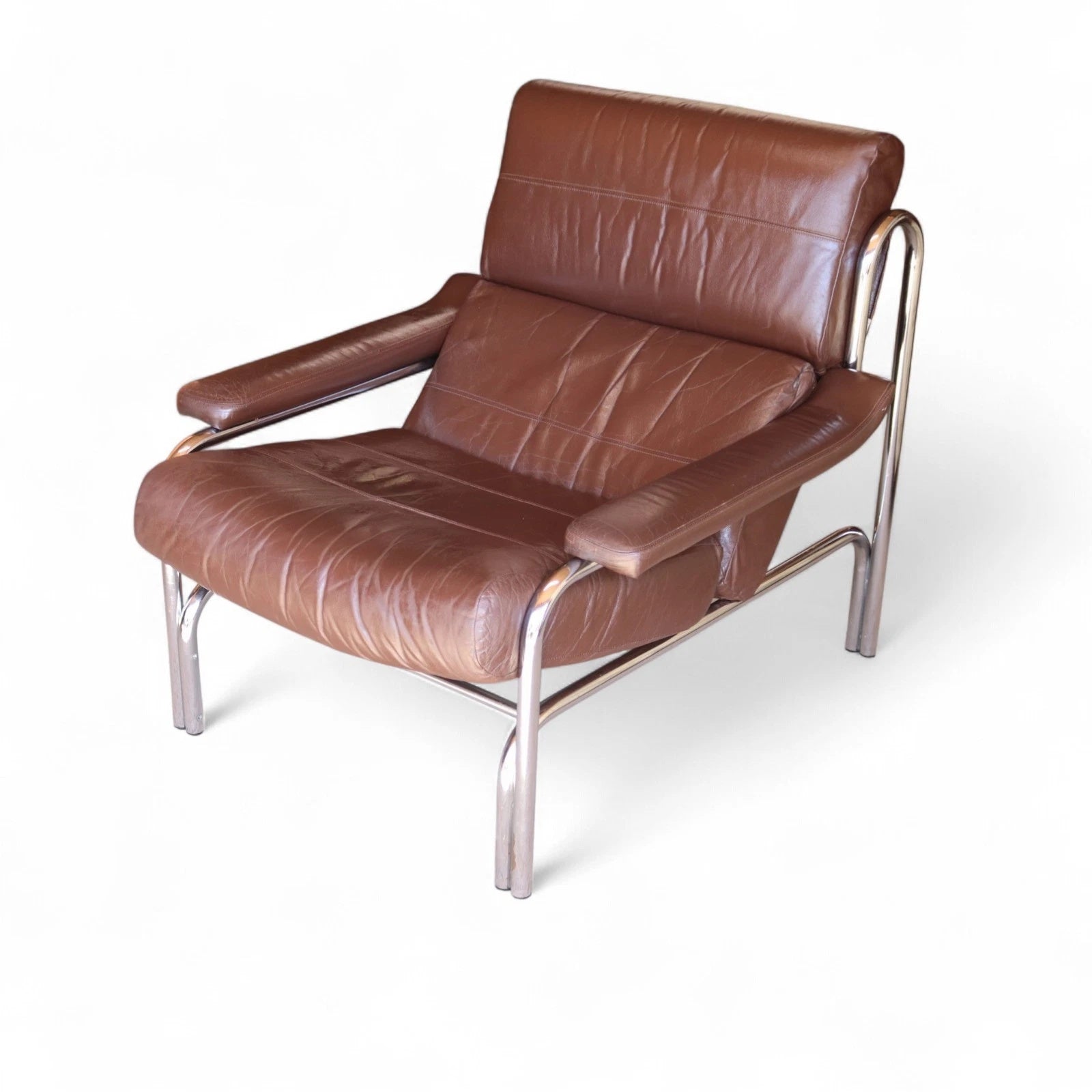 Vintage Pieff Alpha Chair | Mid Century Brown Leather & Chrome Armchair 1970s