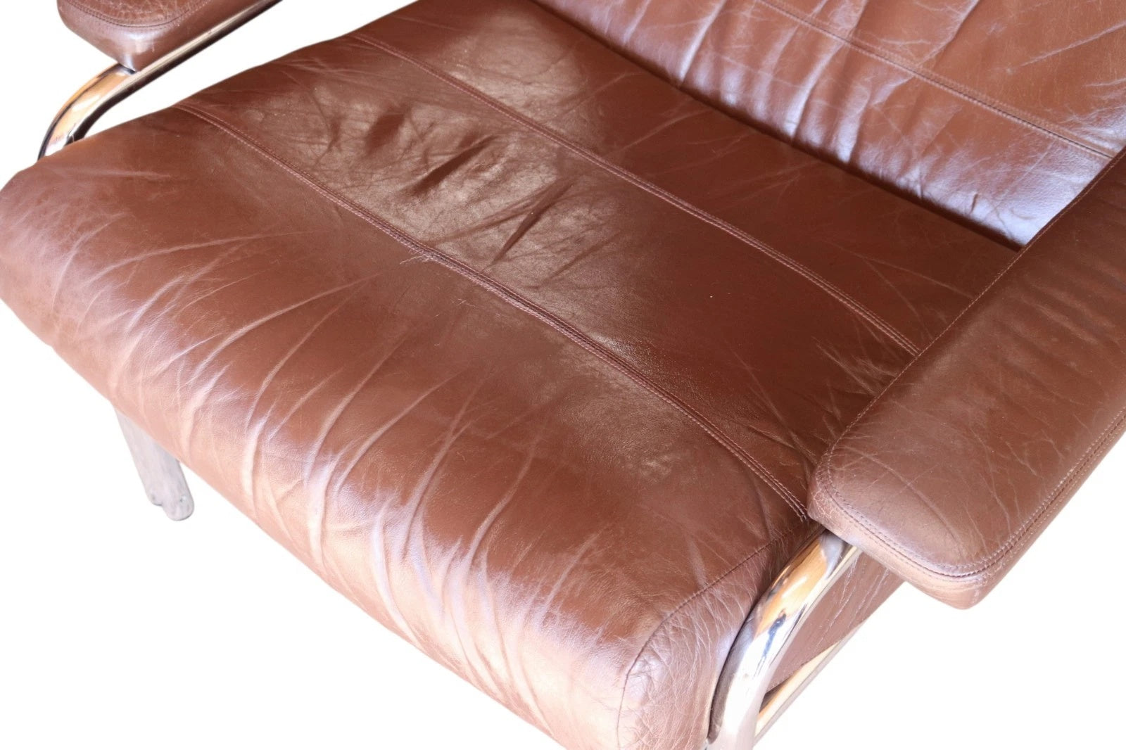 Vintage Pieff Alpha Chair | Mid Century Brown Leather & Chrome Armchair 1970s