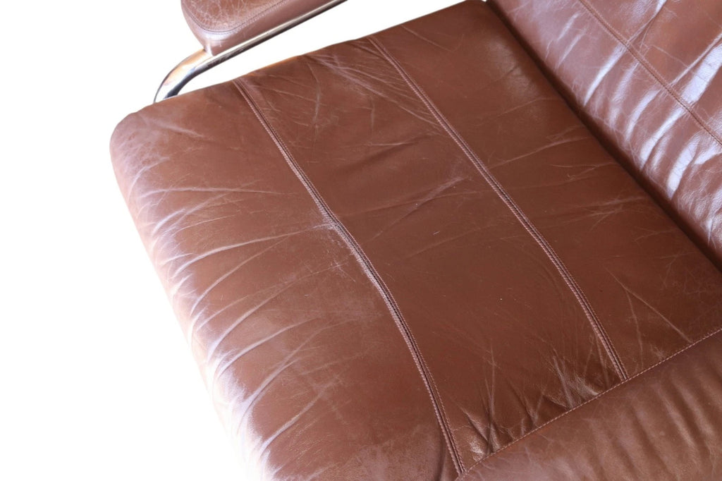 Vintage Pieff Alpha Chair | Mid Century Brown Leather & Chrome Armchair 1970s