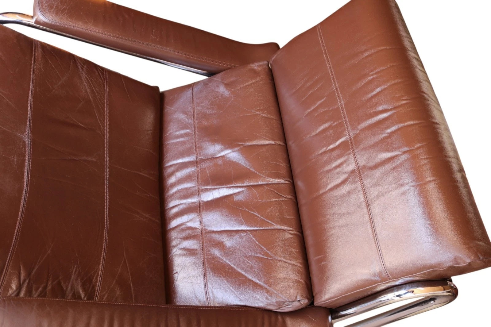 Vintage Pieff Alpha Chair | Mid Century Brown Leather & Chrome Armchair 1970s