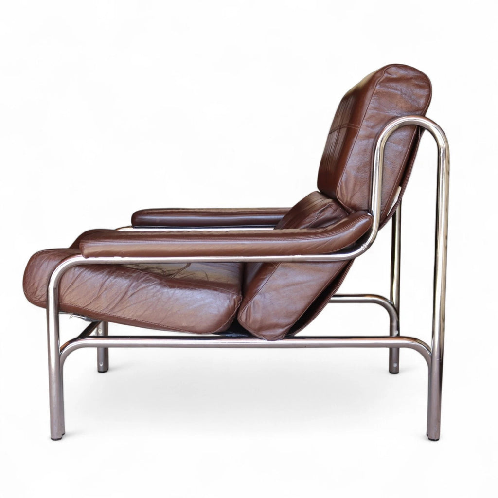 Vintage Pieff Alpha Chair | Mid Century Brown Leather & Chrome Armchair 1970s