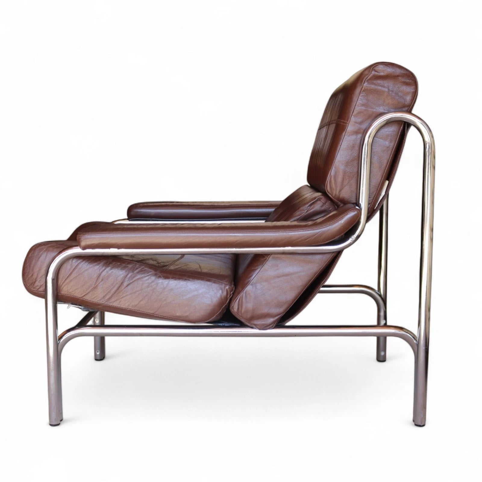 Vintage Pieff Alpha Chair | Mid Century Brown Leather & Chrome Armchair 1970s