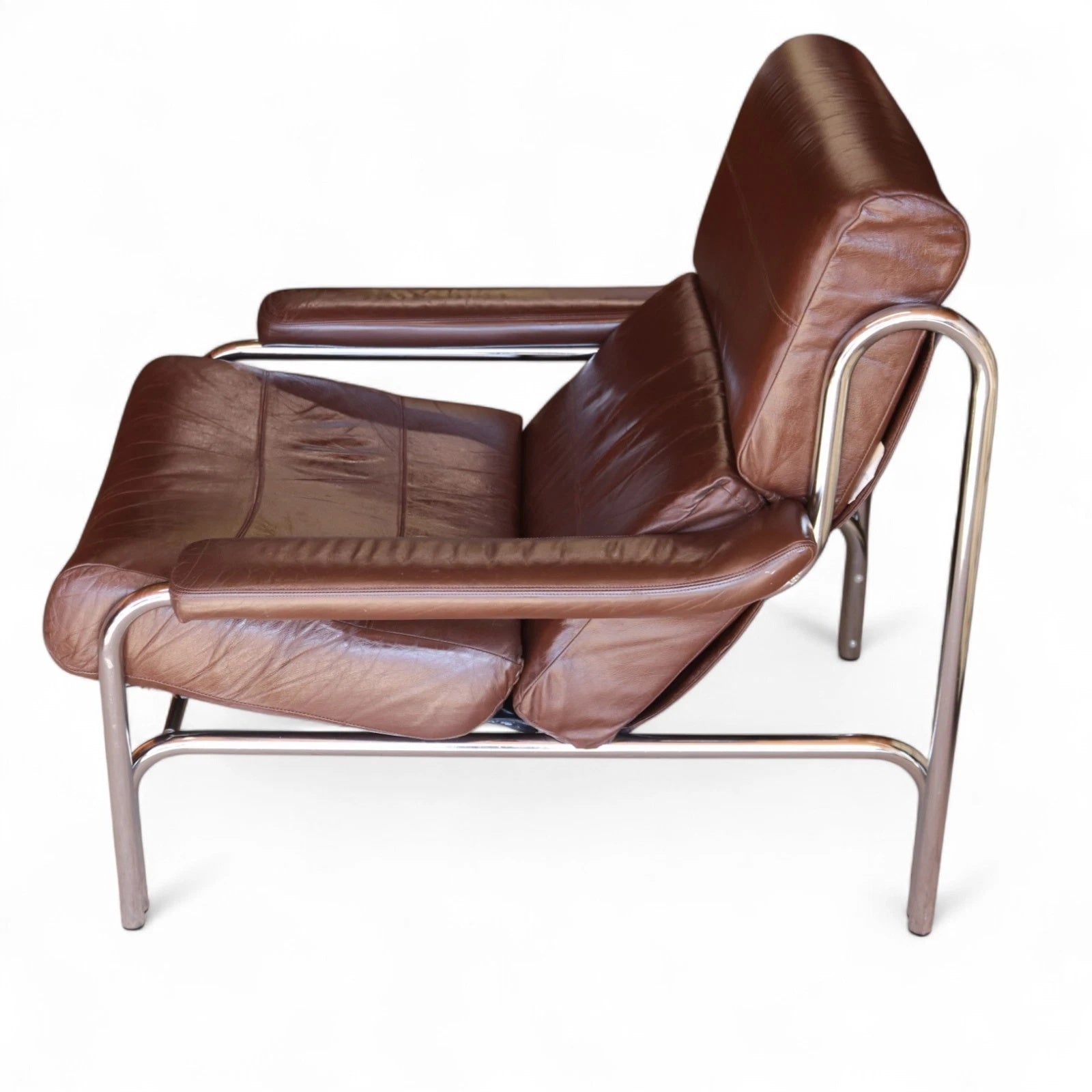 Vintage Pieff Alpha Chair | Mid Century Brown Leather & Chrome Armchair 1970s