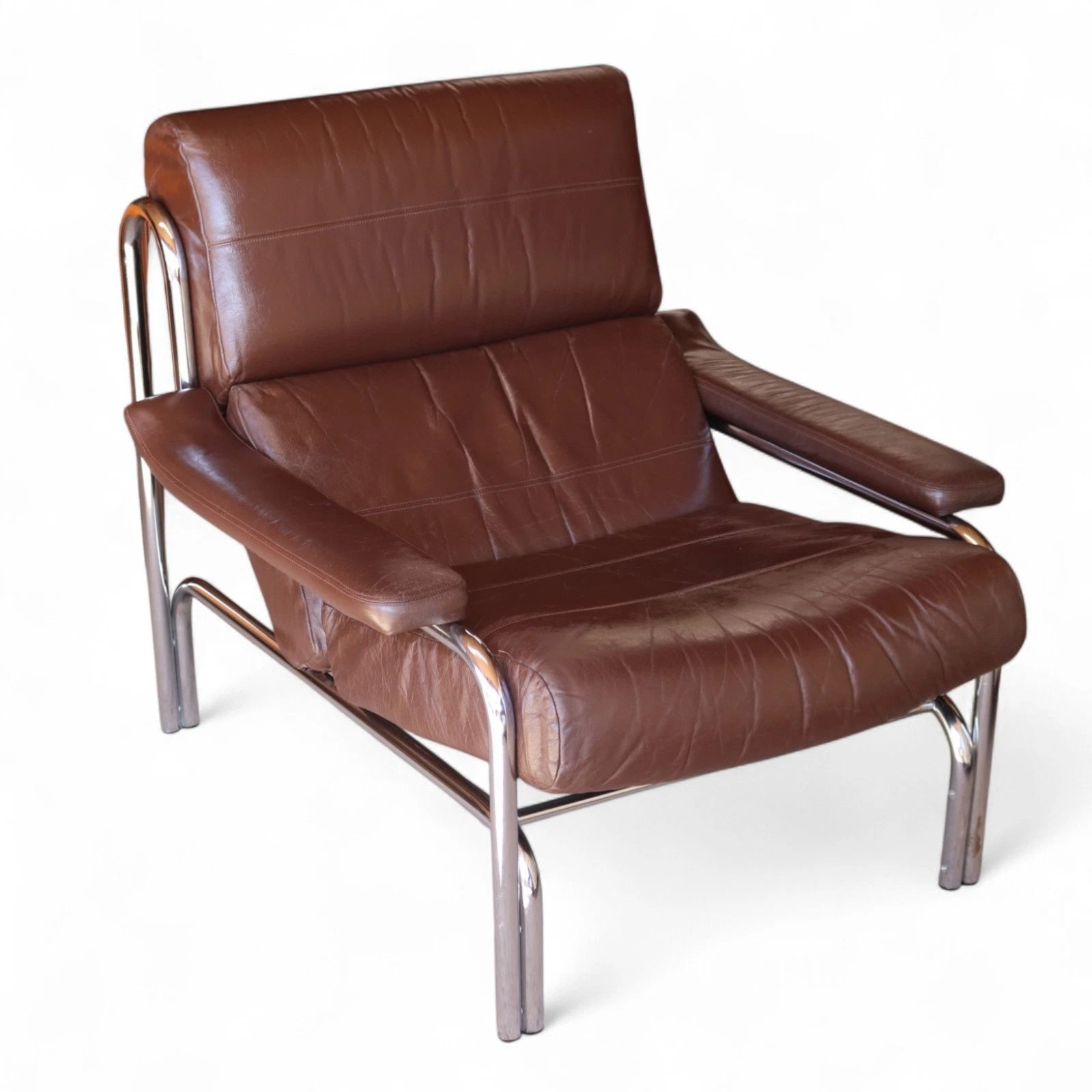 Vintage Pieff Alpha Chair | Mid Century Brown Leather & Chrome Armchair 1970s