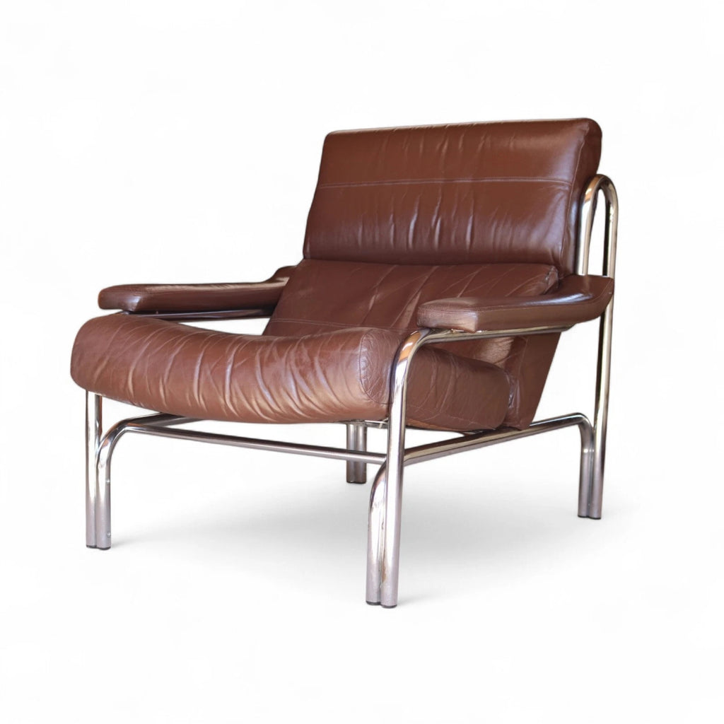 Vintage Pieff Alpha Chair | Mid Century Brown Leather & Chrome Armchair 1970s