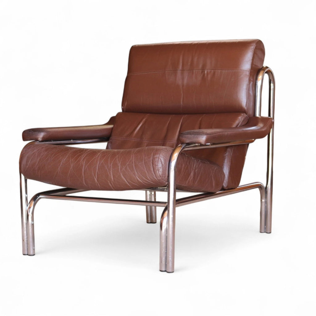 Vintage Pieff Alpha Chair | Mid Century Brown Leather & Chrome Armchair 1970s