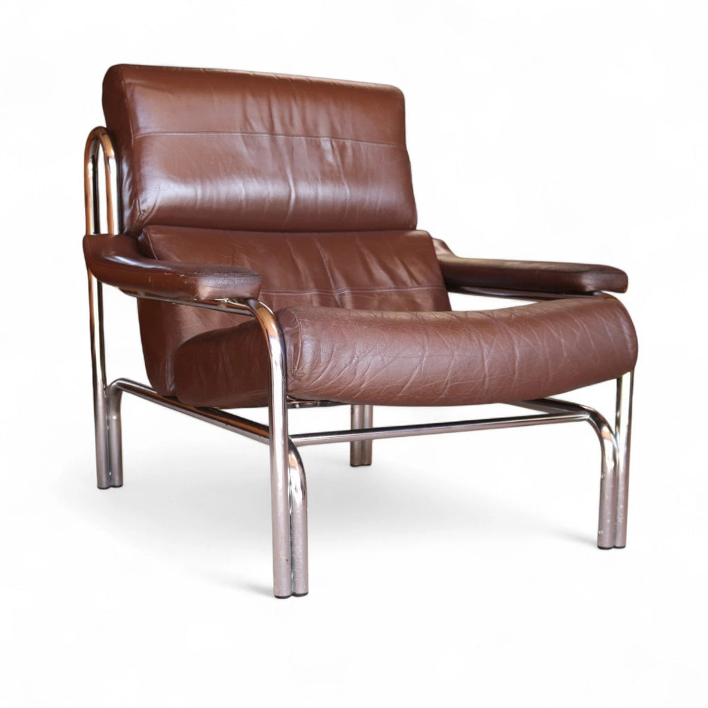 Vintage Pieff Alpha Chair | Mid Century Brown Leather & Chrome Armchair 1970s