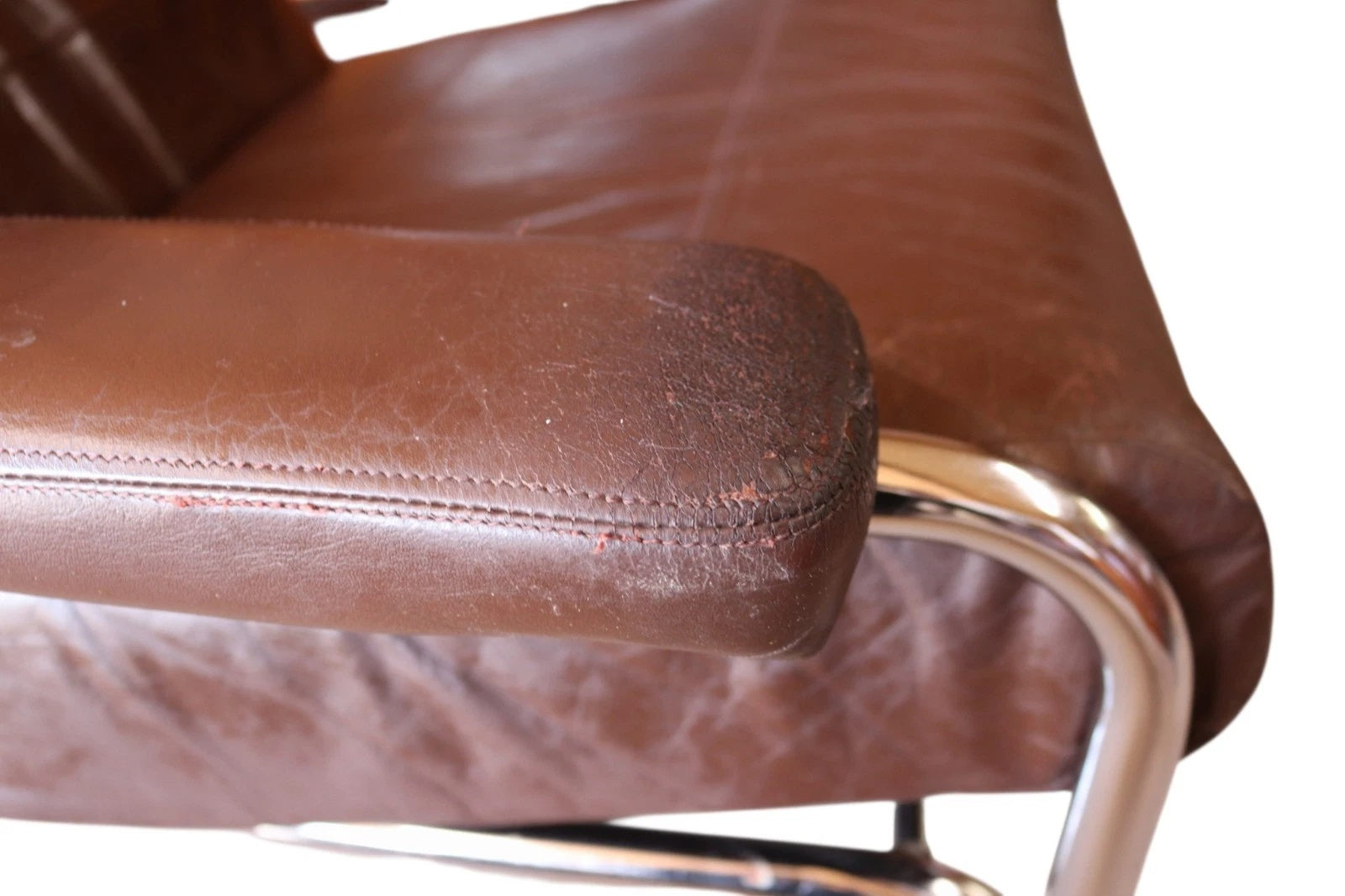 Vintage Pieff Alpha Chair | Mid Century Brown Leather & Chrome Armchair 1970s