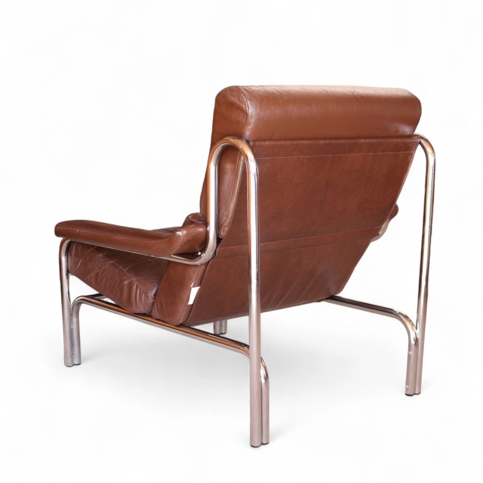 Vintage Pieff Alpha Chair | Mid Century Brown Leather & Chrome Armchair 1970s