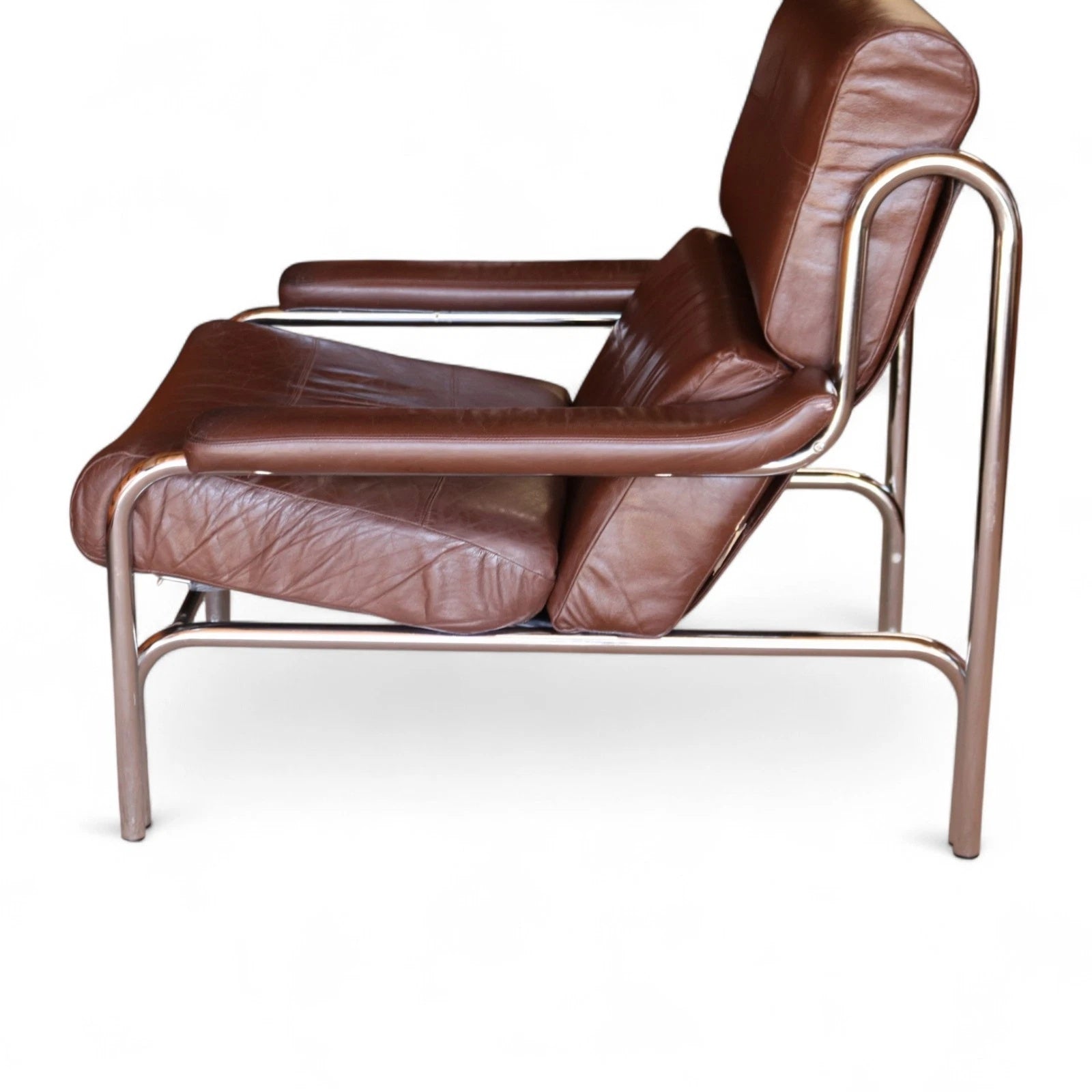 Vintage Pieff Alpha Chair | Mid Century Brown Leather & Chrome Armchair 1970s