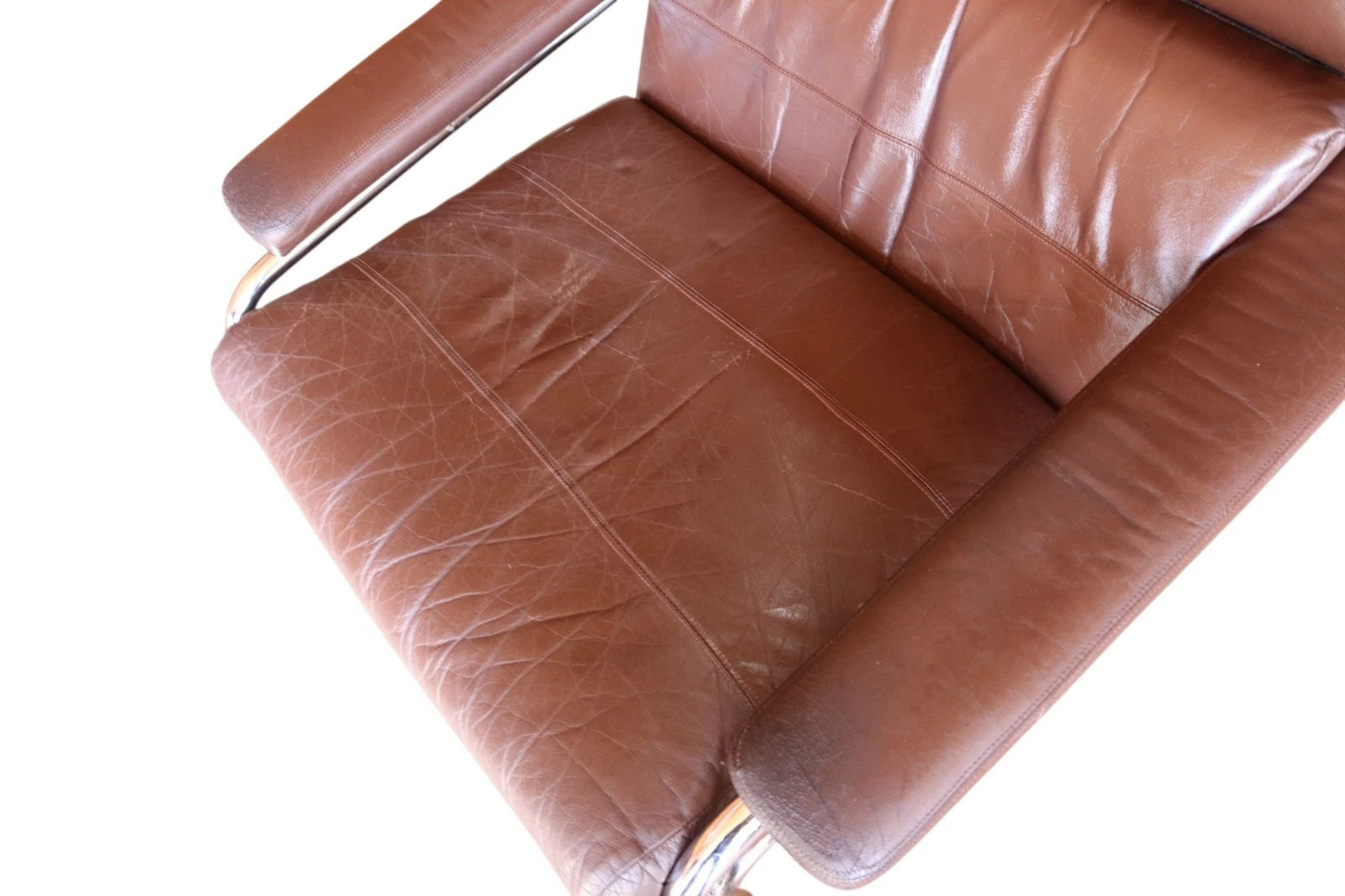 Vintage Pieff Alpha Chair | Mid Century Brown Leather & Chrome Armchair 1970s