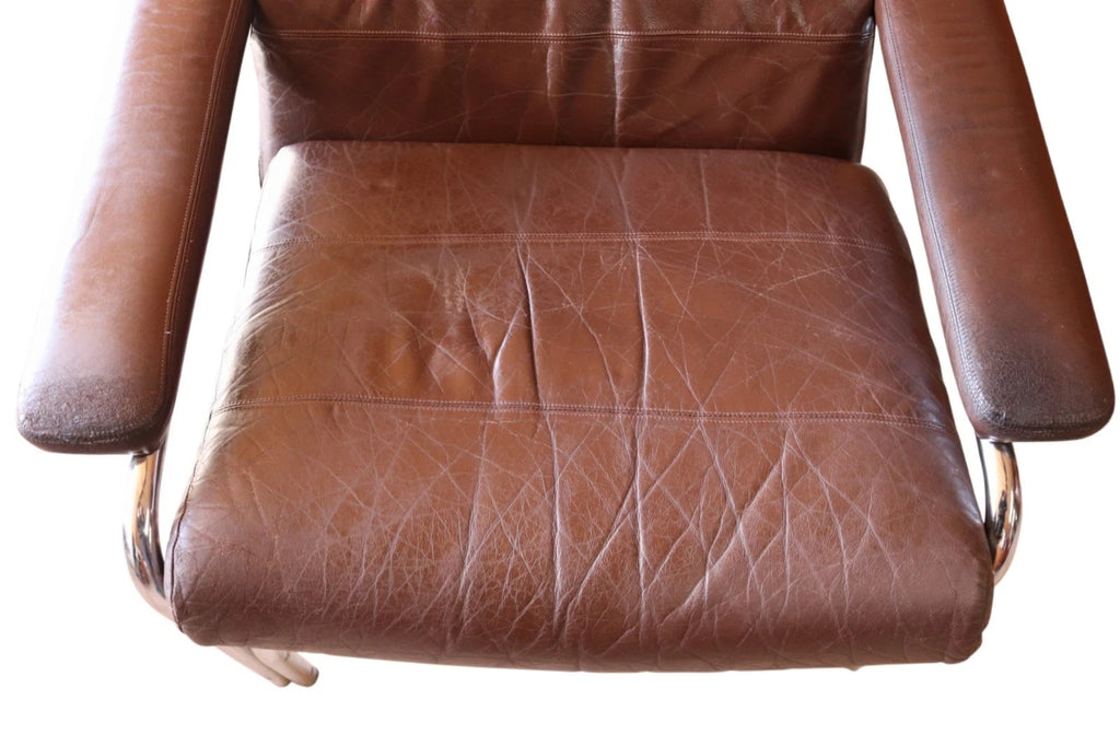 Vintage Pieff Alpha Chair | Mid Century Brown Leather & Chrome Armchair 1970s