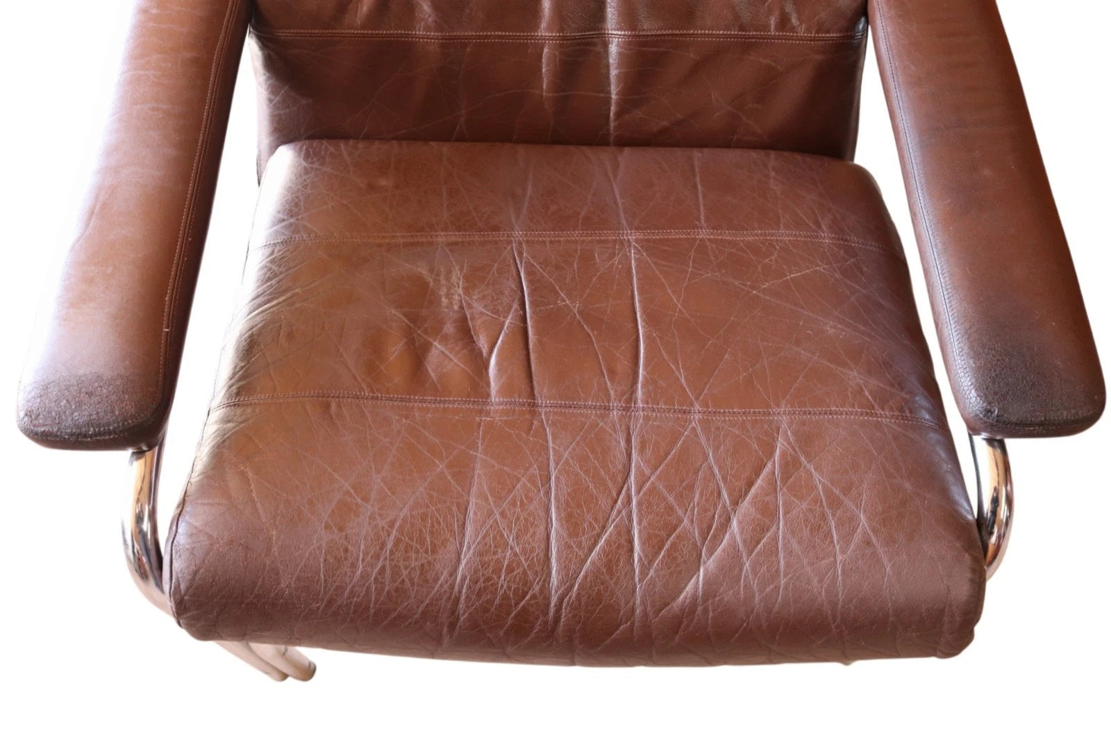 Vintage Pieff Alpha Chair | Mid Century Brown Leather & Chrome Armchair 1970s