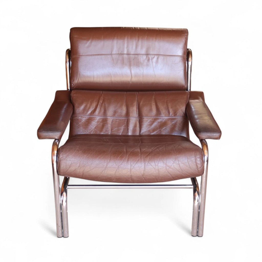 Vintage Pieff Alpha Chair | Mid Century Brown Leather & Chrome Armchair 1970s