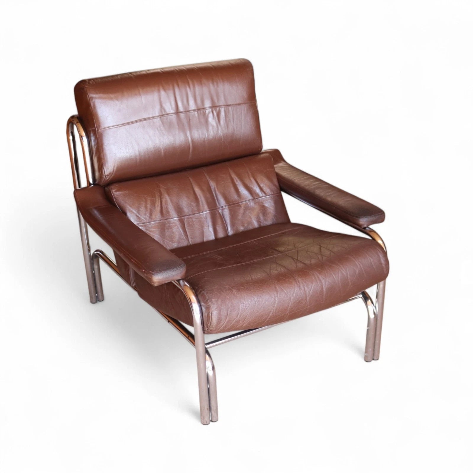 Vintage Pieff Alpha Chair | Mid Century Brown Leather & Chrome Armchair 1970s