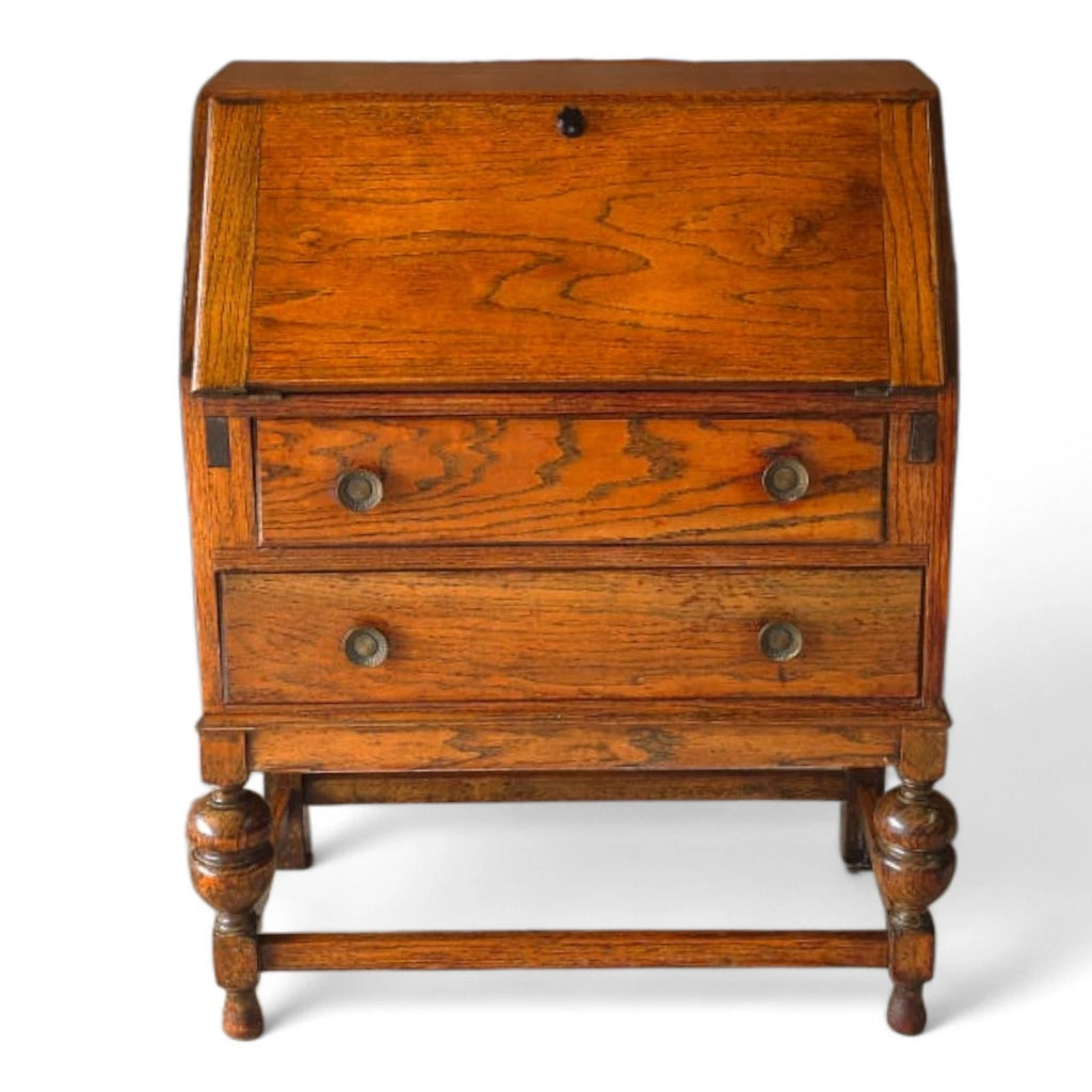 Vintage Jacobean Revival Oak Bureau with Turned Legs & Two Drawers