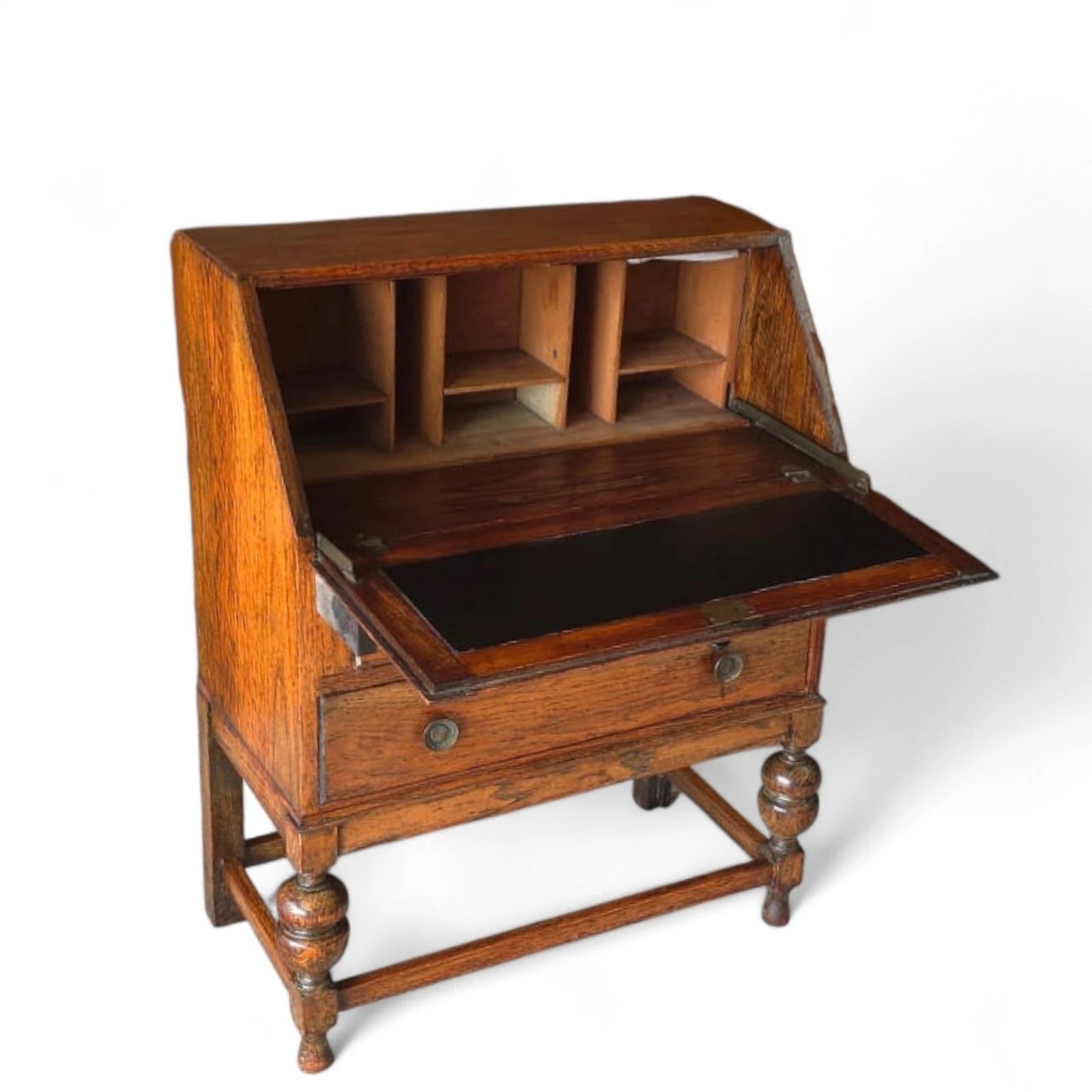Vintage Jacobean Revival Oak Bureau with Turned Legs & Two Drawers