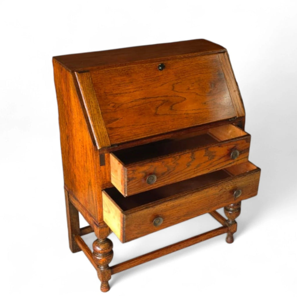Vintage Jacobean Revival Oak Bureau with Turned Legs & Two Drawers