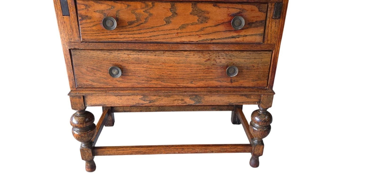 Vintage Jacobean Revival Oak Bureau with Turned Legs & Two Drawers