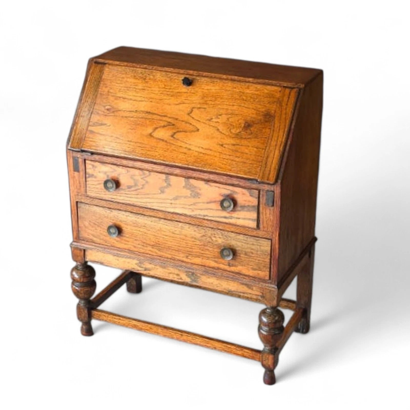 Vintage Jacobean Revival Oak Bureau with Turned Legs & Two Drawers