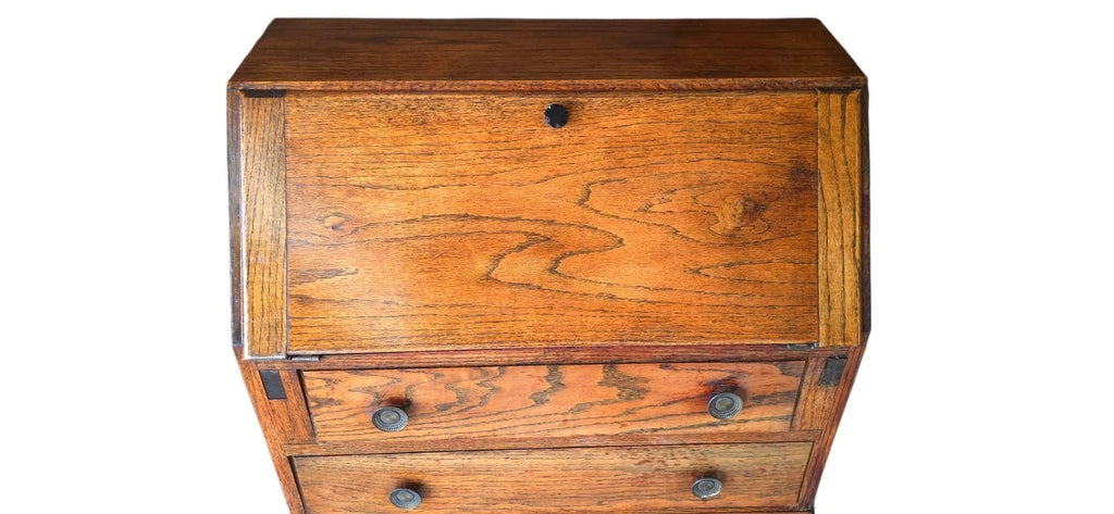 Vintage Jacobean Revival Oak Bureau with Turned Legs & Two Drawers