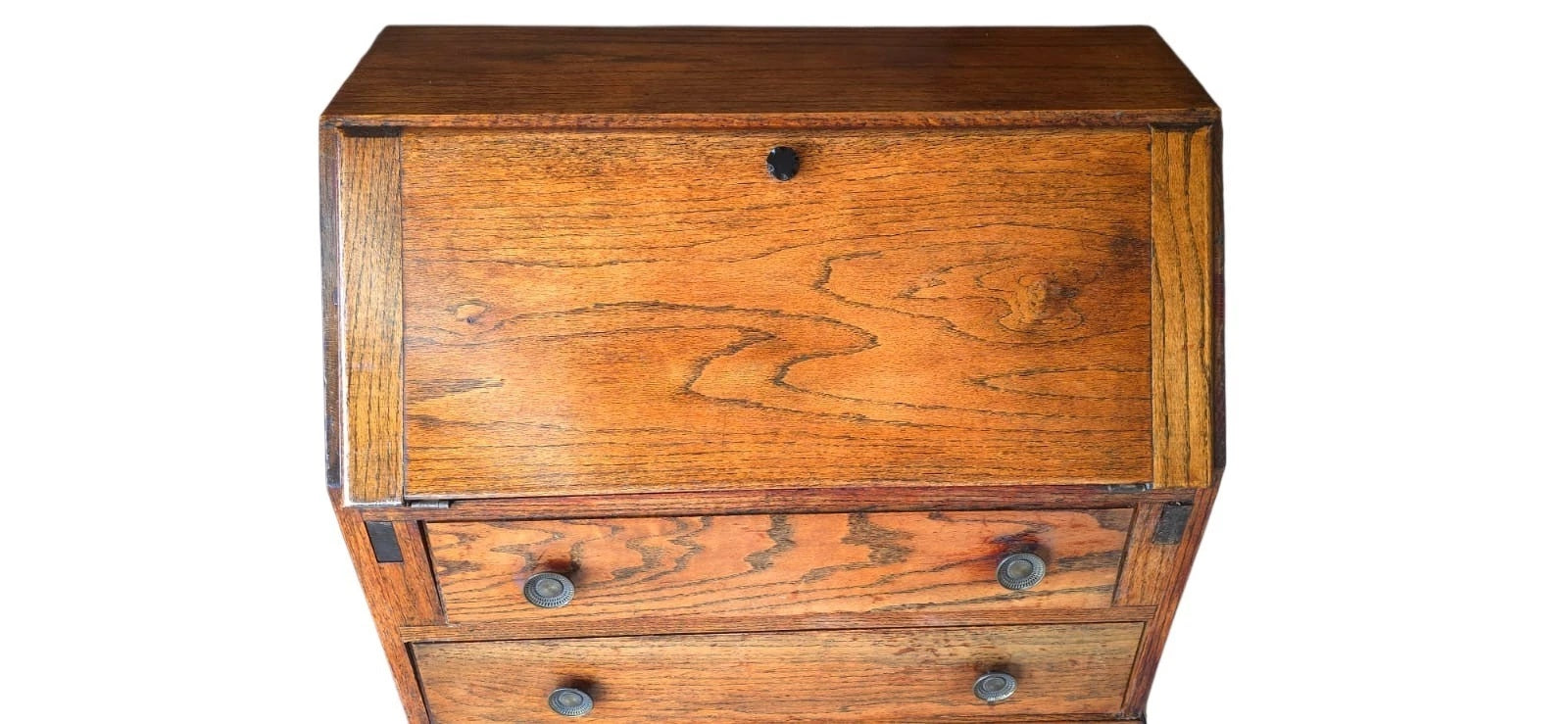 Vintage Jacobean Revival Oak Bureau with Turned Legs & Two Drawers