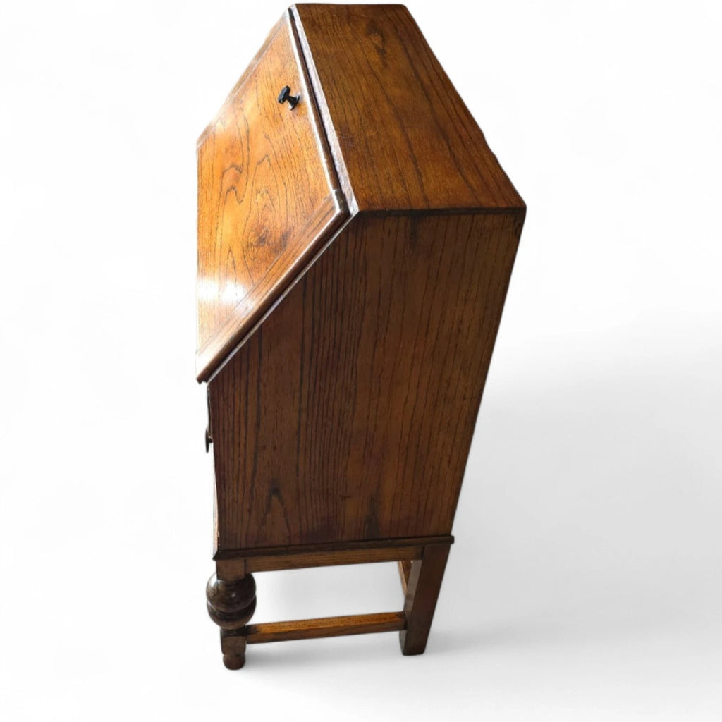 Vintage Jacobean Revival Oak Bureau with Turned Legs & Two Drawers