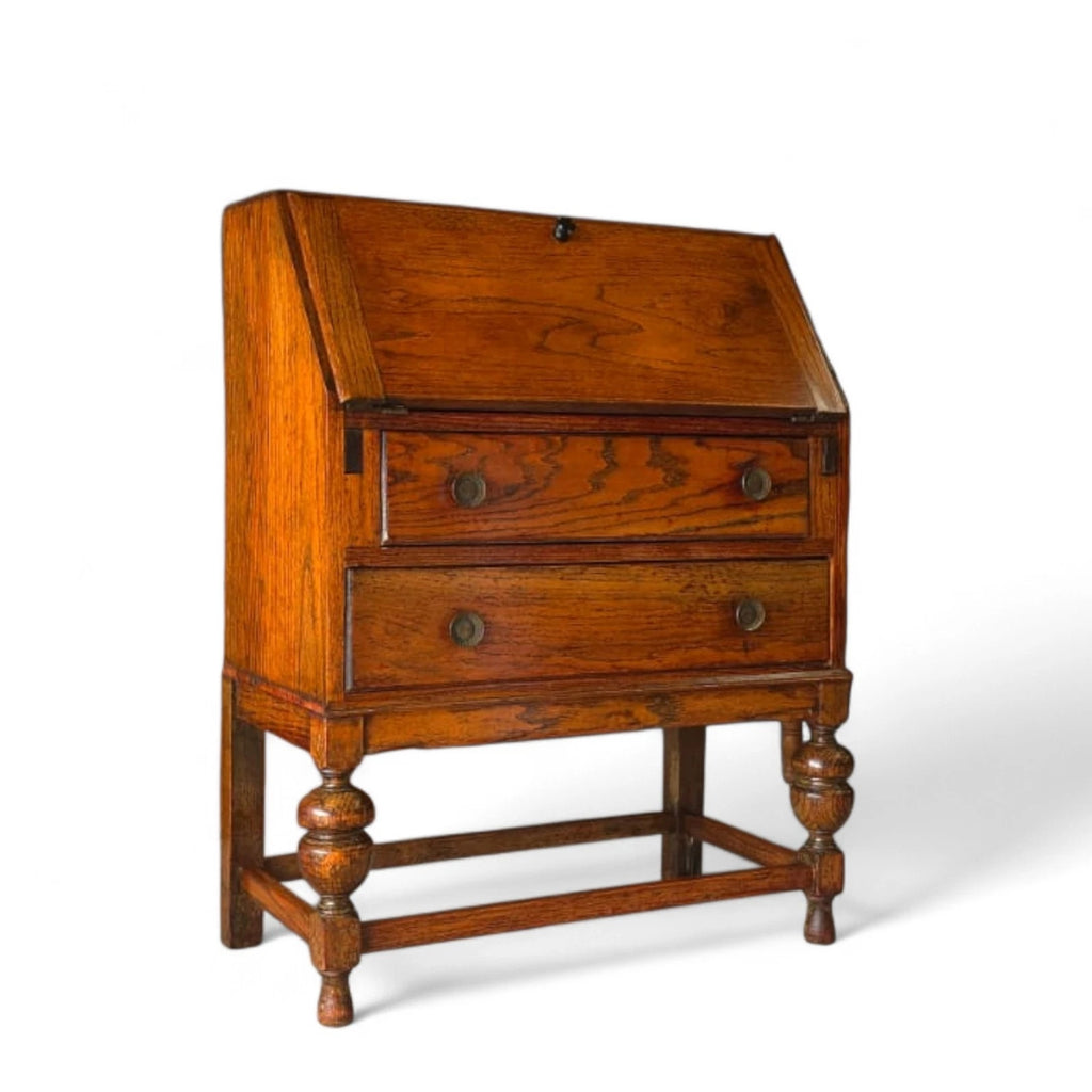 Vintage Jacobean Revival Oak Bureau with Turned Legs & Two Drawers